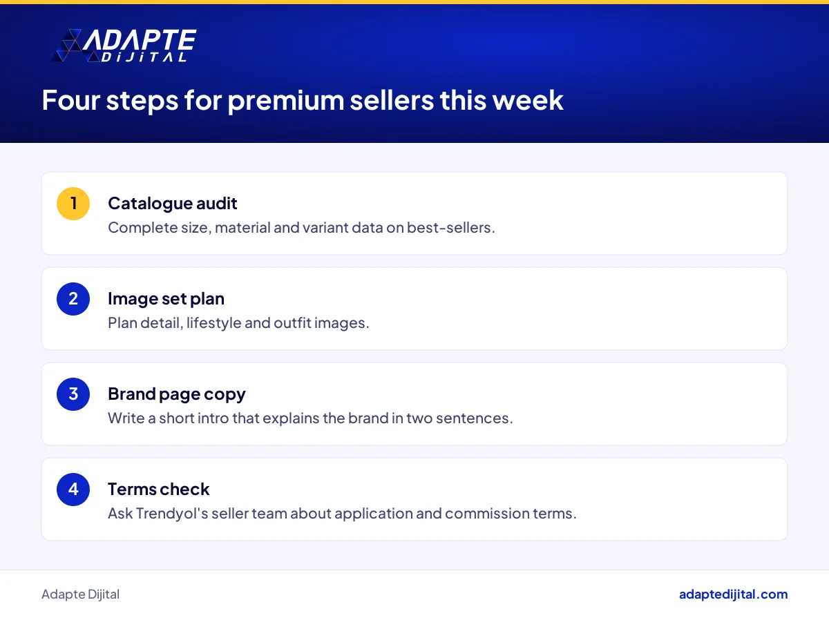 Premium brand checklist before Trendyol Luxe: catalogue, image set, brand page copy and terms check