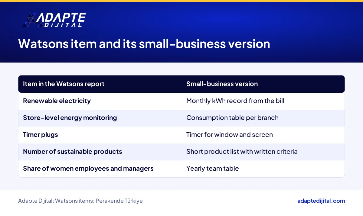 Table matching items in the Watsons report to what they look like in a small retail business