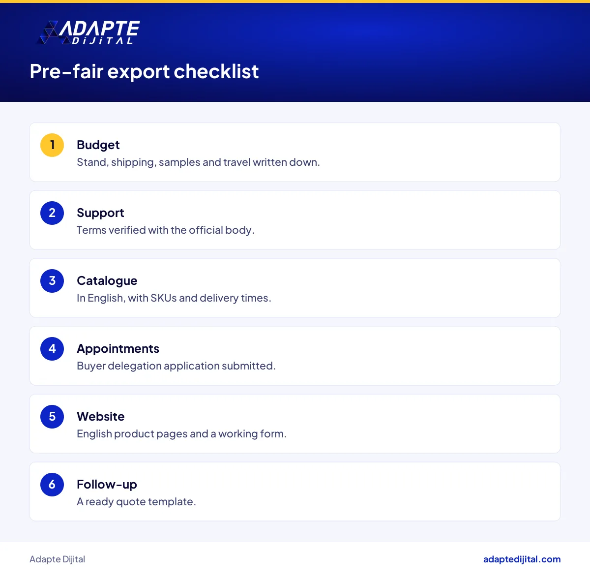 Export checklist items for a home and kitchen producer after the ZUCHEX trade fair