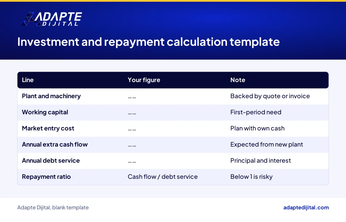 Investment and repayment template an SME fills in with its own figures before seeking a loan