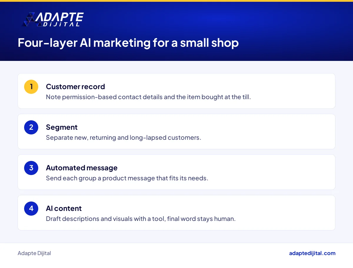 Four-layer marketing system for a small home textiles shop, from customer records to AI content