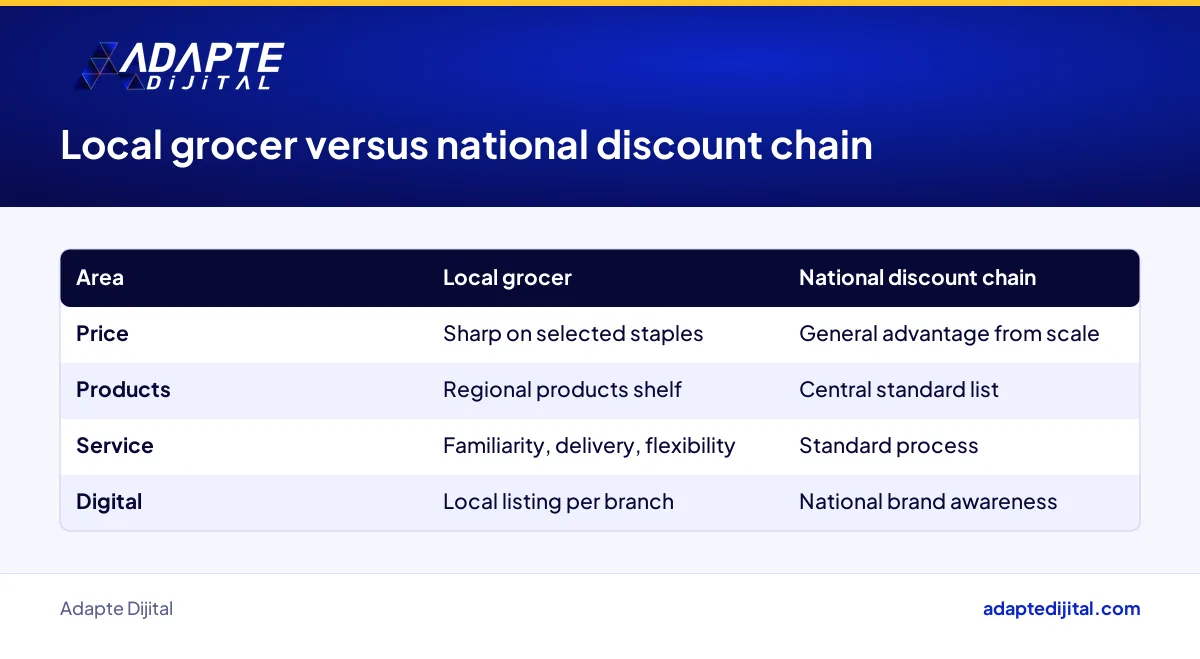 Comparison of a local grocer and a national discount chain on price, products, service and digital