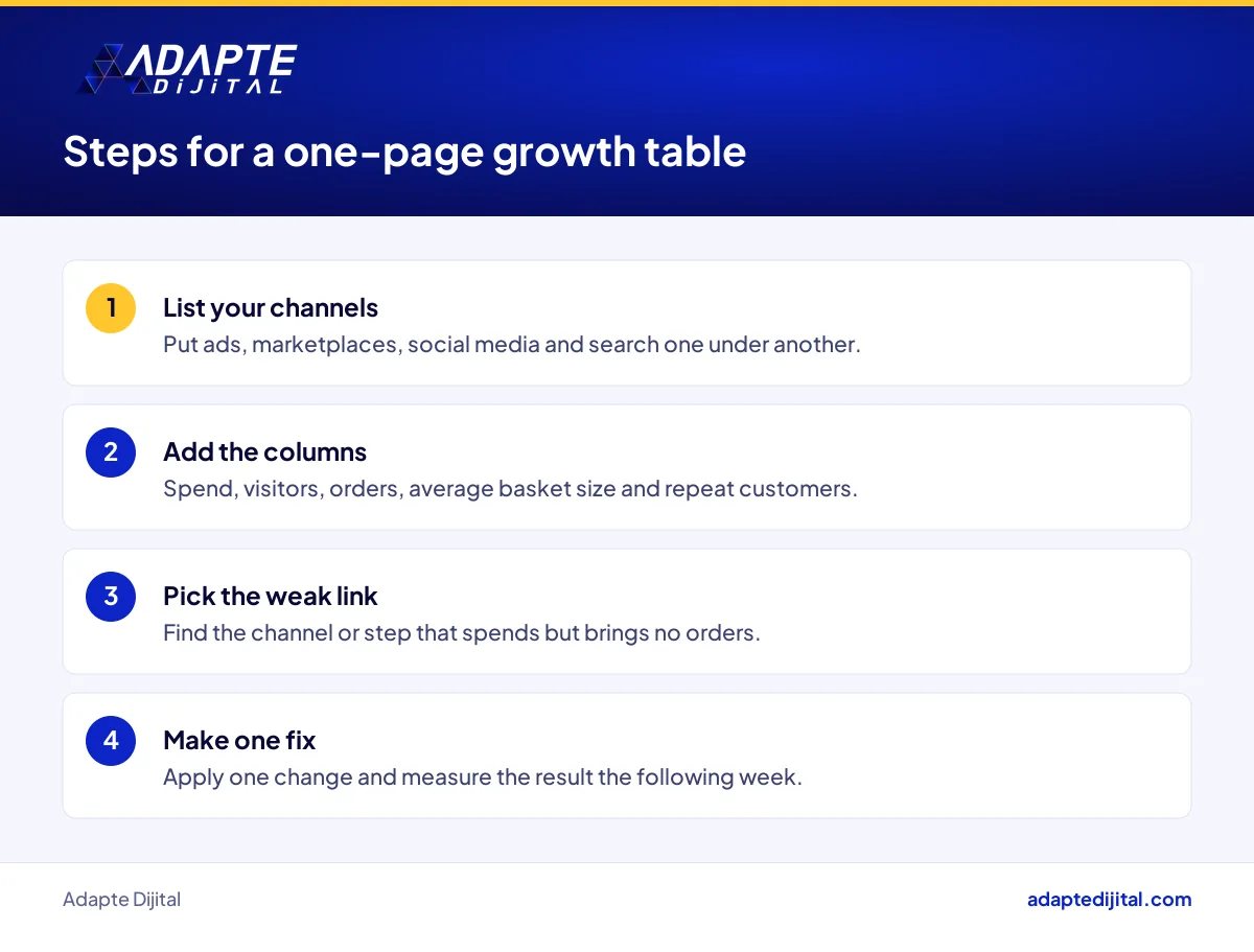 Steps for a small online shop to build a one-page growth table this week