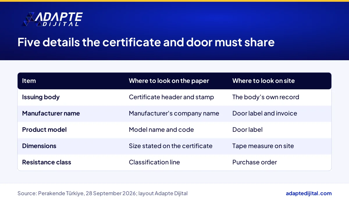 Five fire door certificate details that must match the delivered door and where to check each one