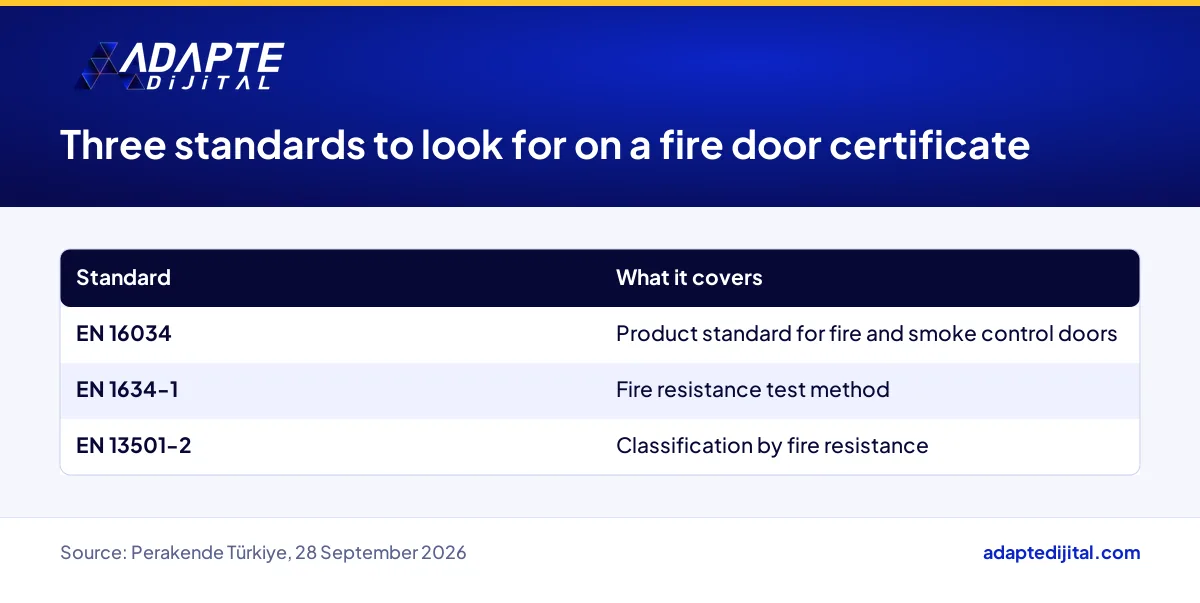What EN 16034, EN 1634-1 and EN 13501-2 cover on a fire door certificate