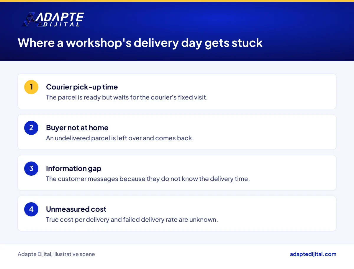 Points where last-mile delivery gets stuck for a small online workshop, from order to handover