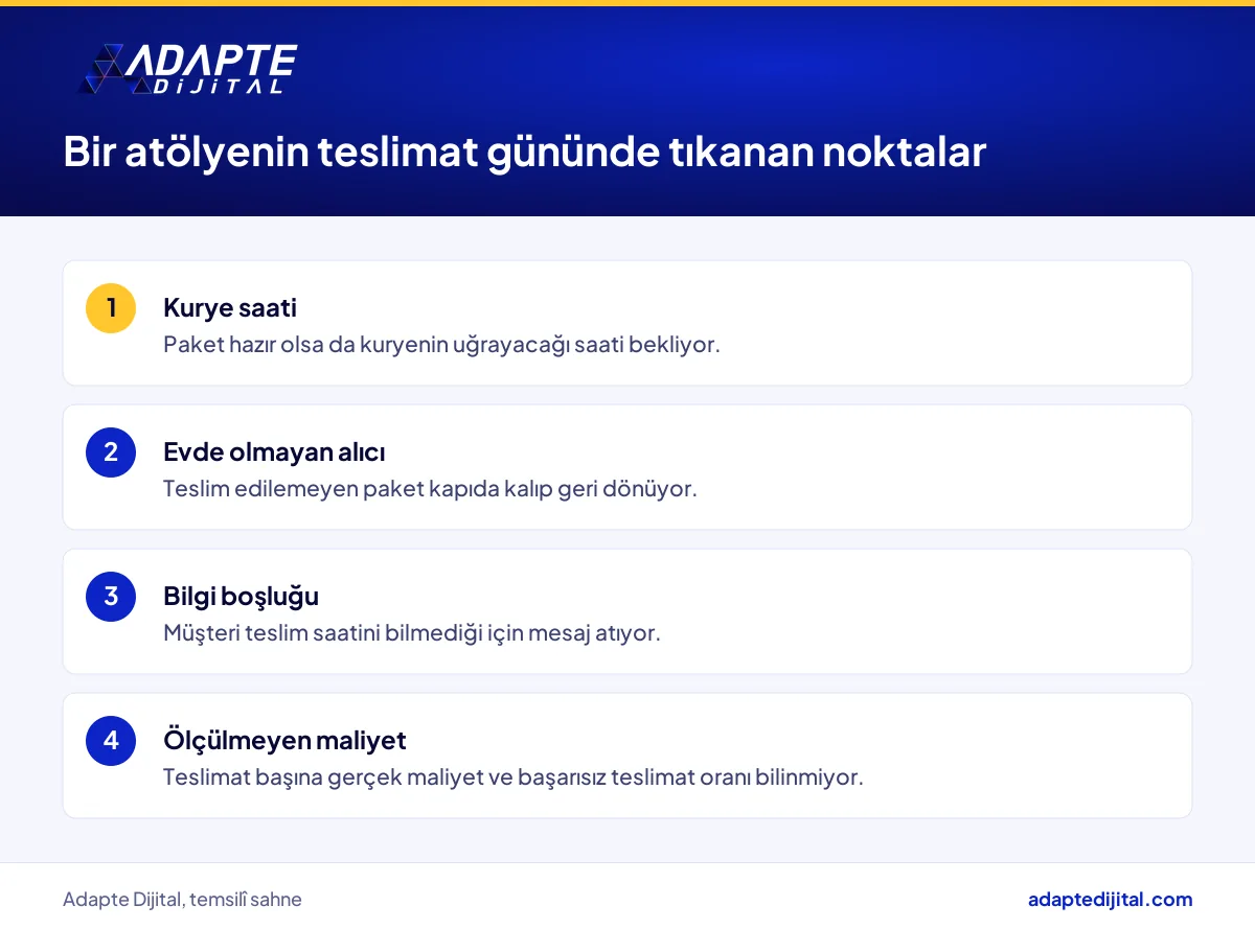 Küçük bir e-ticaret atölyesinde siparişten teslime kadar son kilometrede tıkanan noktalar listesi