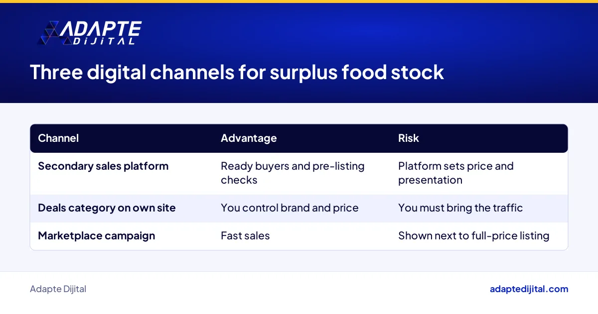 Secondary platform, own website and marketplace compared as channels for surplus food stock