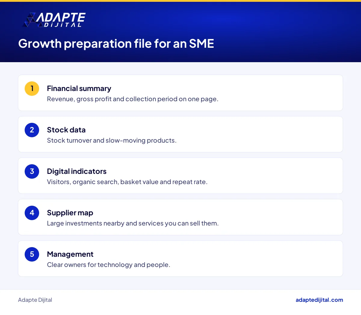 Headings of a financial and digital preparation file for an SME looking for growth capital