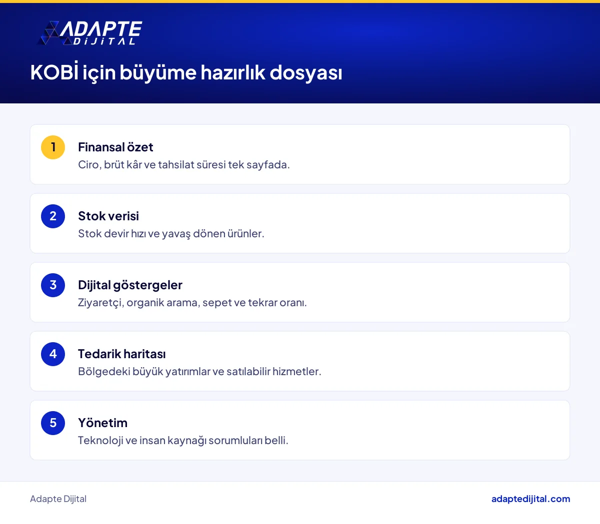 Büyüme kaynağı arayan KOBİ için finansal ve dijital hazırlık dosyasının başlıkları