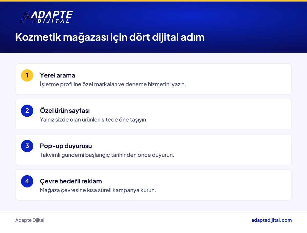 Kozmetik mağazasının yerel arama, özel ürün sayfası ve pop-up duyurusuyla kuracağı dijital düzen