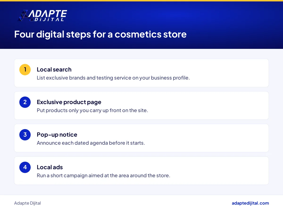 Digital setup for a cosmetics store: local search, exclusive product page, pop-up notice and local ads
