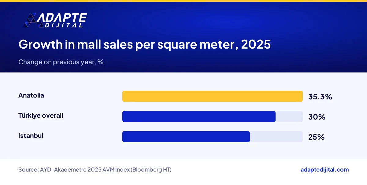Bar chart comparing 2025 growth in mall sales per square meter for Türkiye overall, Anatolia and Istanbul