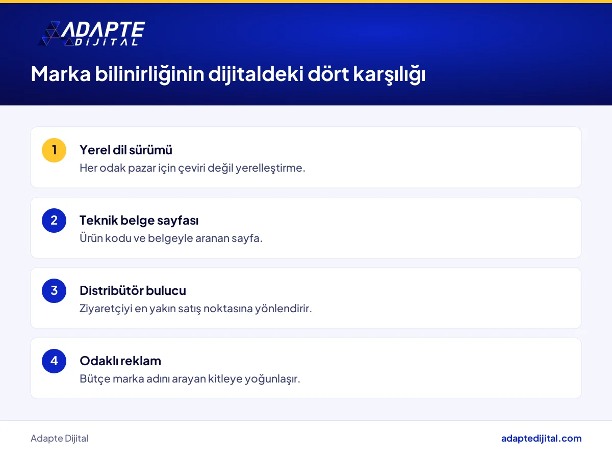 İhracatçı üreticinin odak pazar dilinde site, belge sayfası, distribütör bulucu ve reklam düzeni