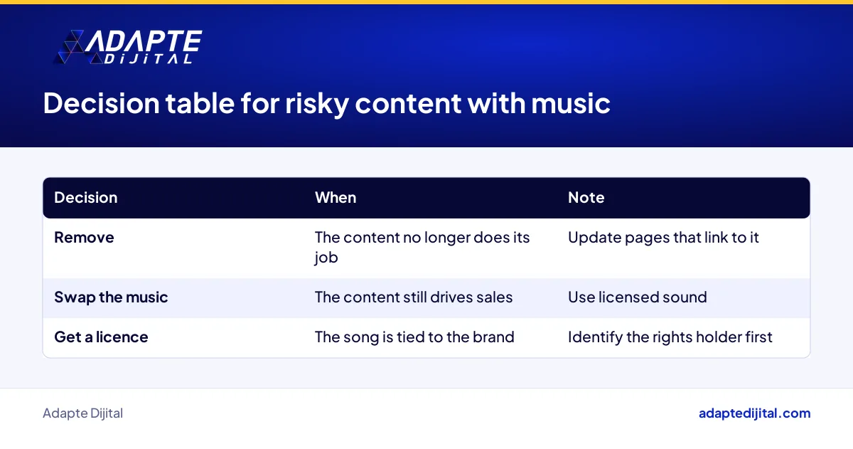 Decision table for social media content with music: remove it, swap the music or get a licence