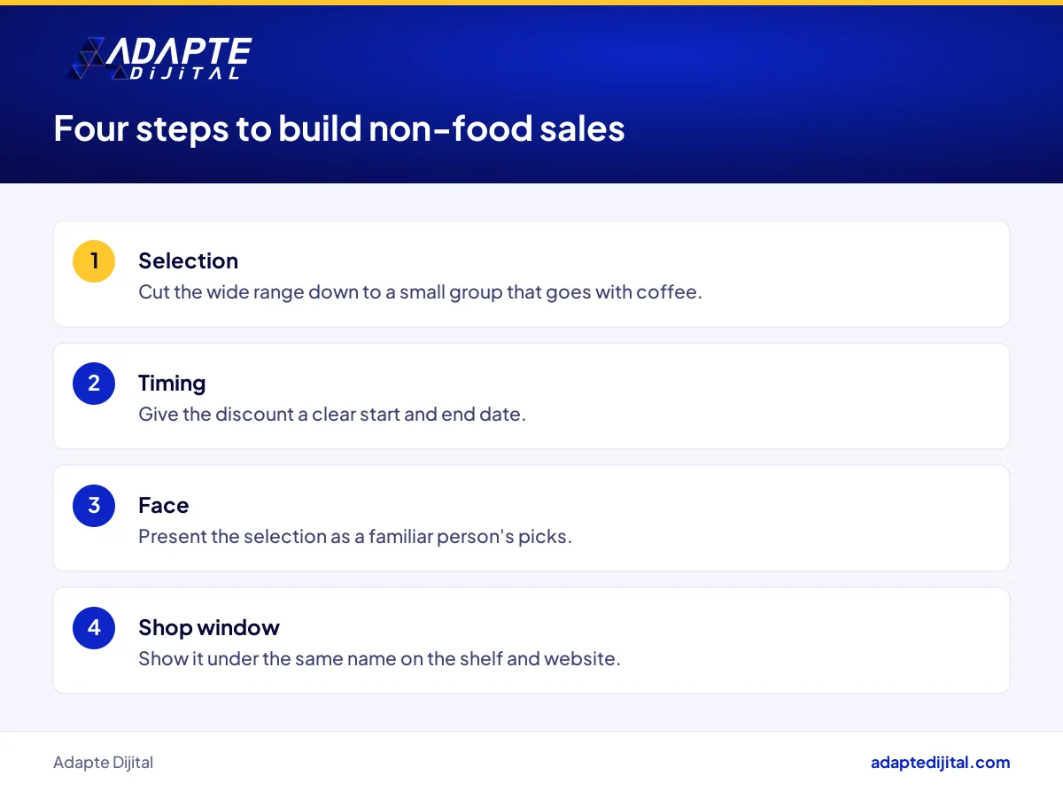 Selection, timing, face and shop window steps for a coffee shop building non-food sales