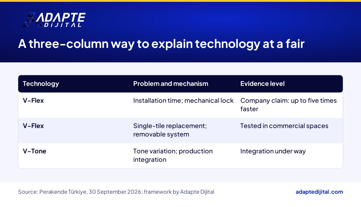 Table comparing VitrA Tiles' V-Flex and V-Tone by problem, mechanism and level of evidence