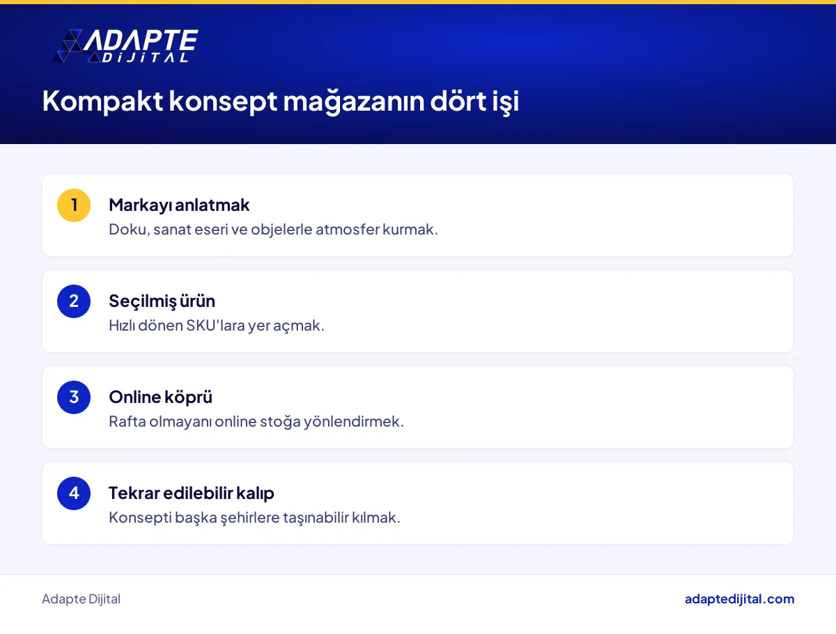 Kompakt bir moda konsept mağazasının küçük alanda yürüttüğü dört işi sıralayan liste