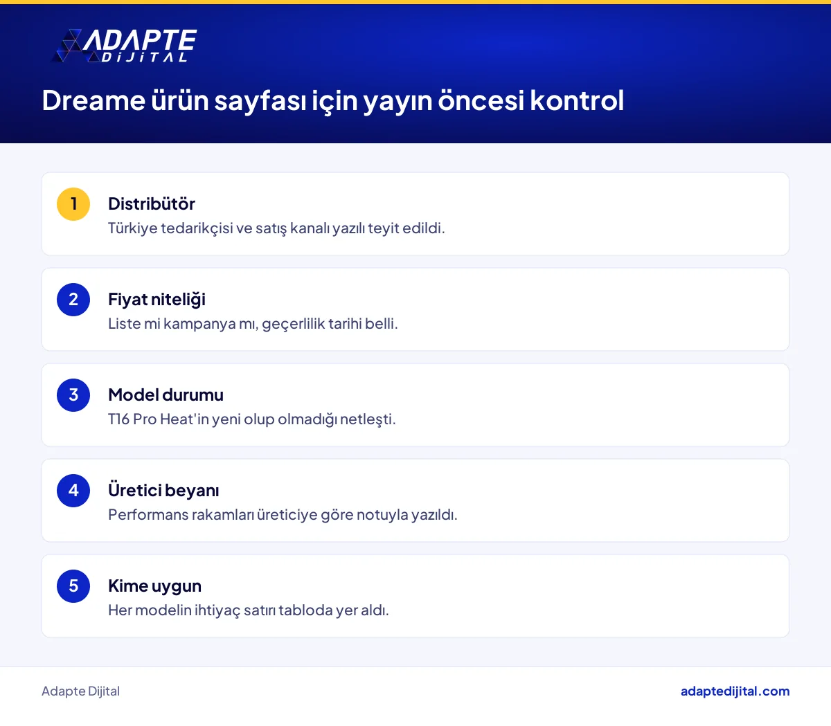 Dreame gamını satacak e-ticaret işletmesi için ürün sayfası yayına almadan önce kontrol listesi