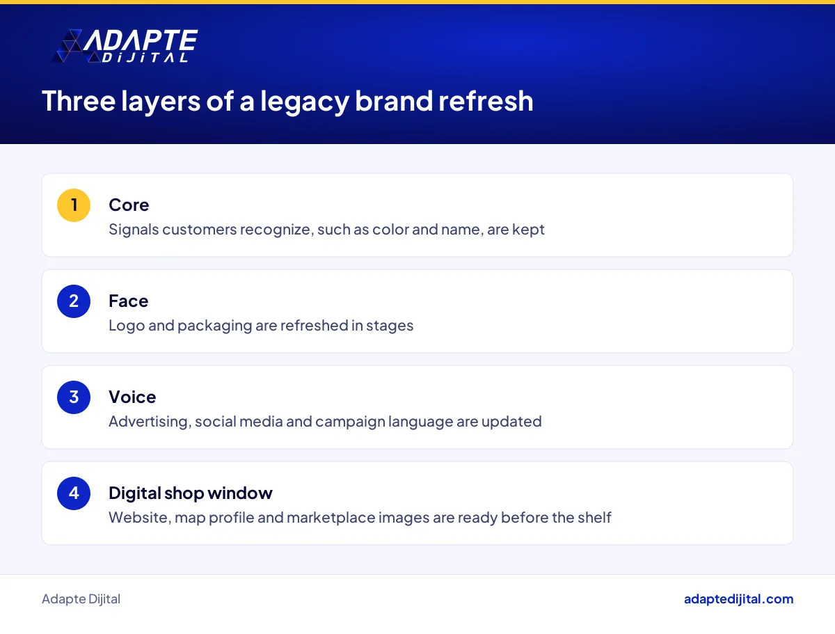 Core, face and voice layers of a legacy brand refresh, with the work to do in each one