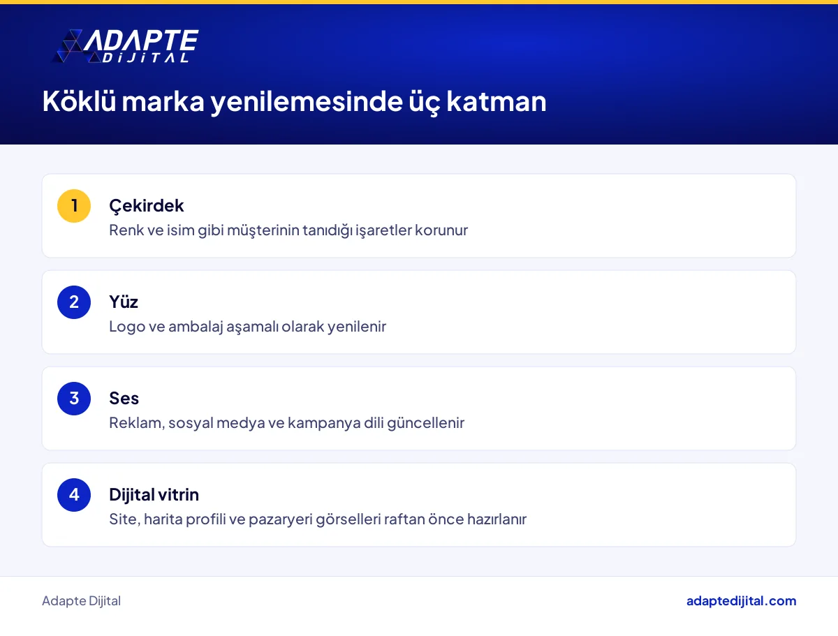 Köklü marka yenilemesinde çekirdek, yüz ve ses katmanları ile her birinde yapılacak işler