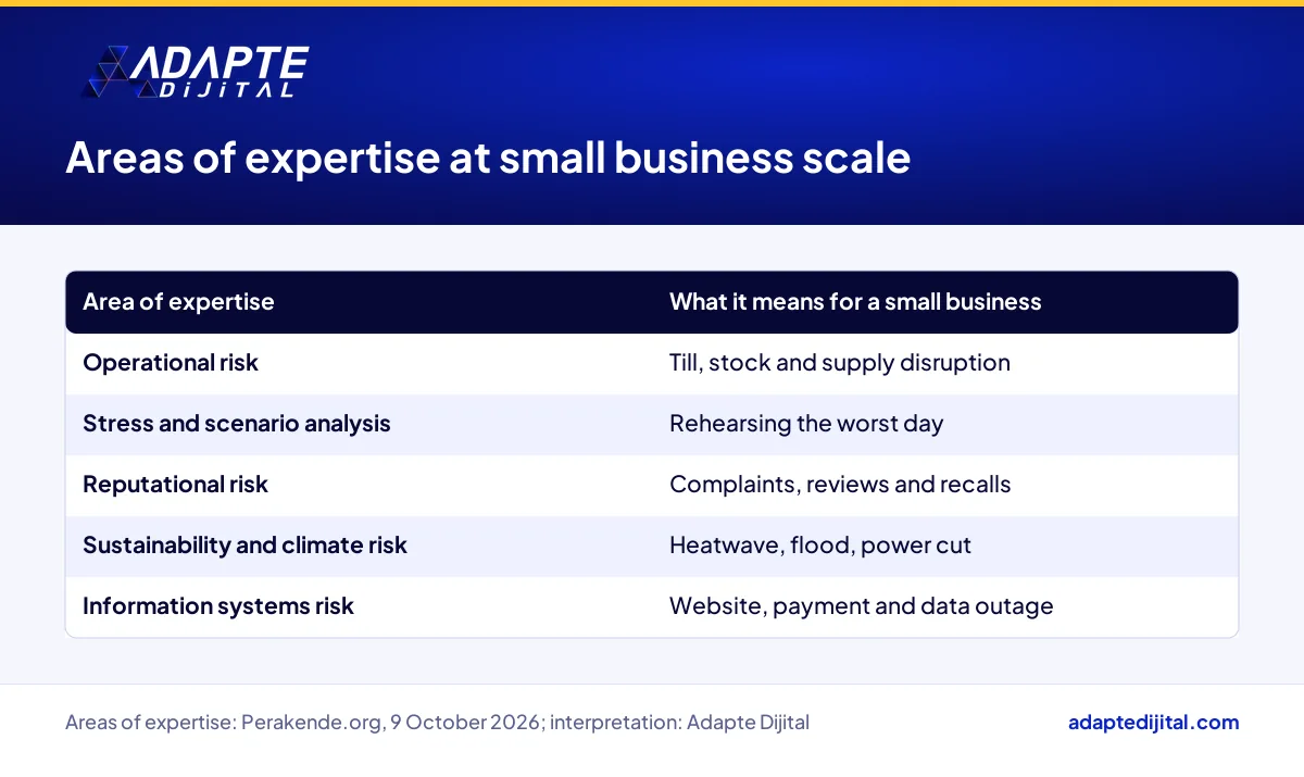 Table translating Burcu Nasuhoğlu's areas of expertise into everyday risks for a small business