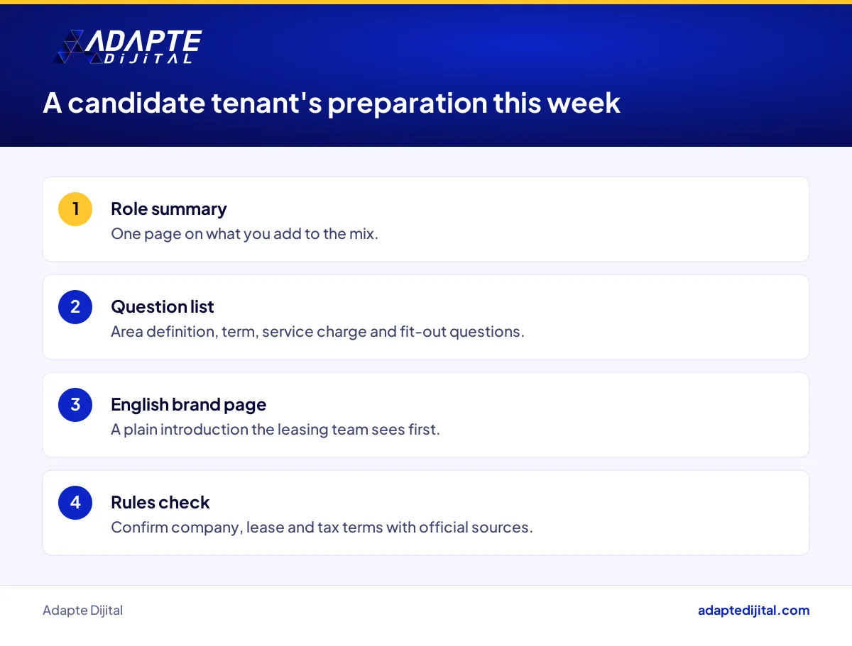 List of preparations a Turkish retailer applying to lease at Park Bulvar mall can make this week
