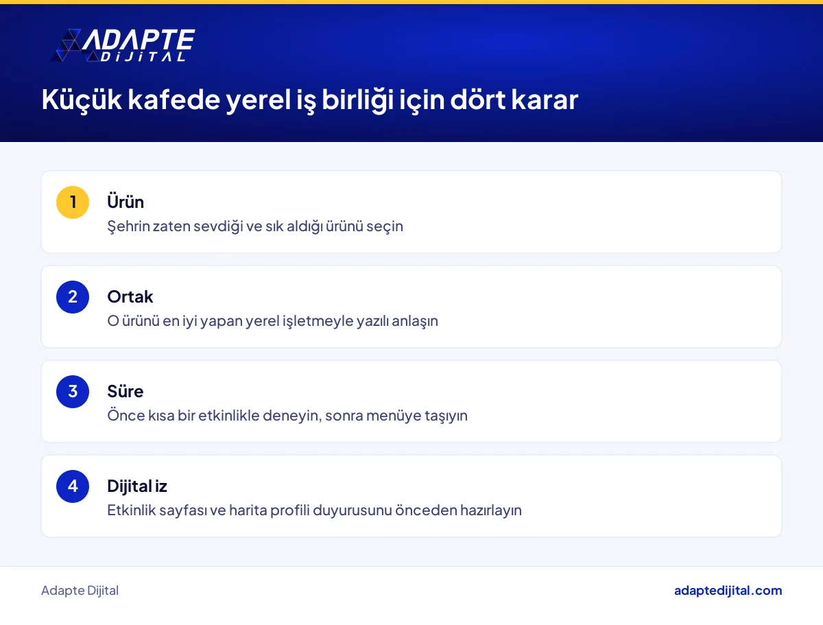 Küçük kafede yerel lezzet iş birliği kurmak için ürün, ortak, süre ve dijital iz adımları