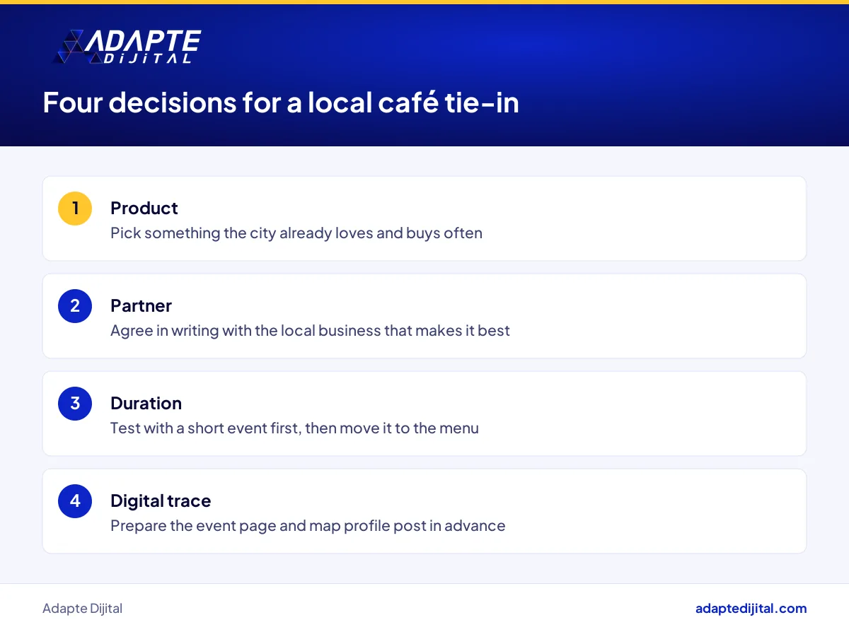 Product, partner, duration and digital trace steps for a small café building a local food tie-in