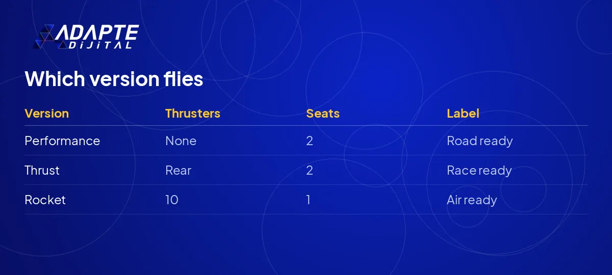 The three Tesla Roadster versions and the number of thrusters in each, shown as a table.