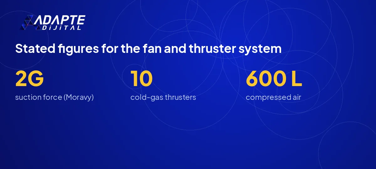 The three key figures of the Tesla Roadster suction fan system: 2G suction, 10 thrusters, 600 liters of air.