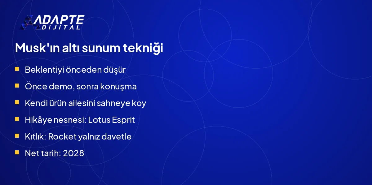 Tesla Roadster lansmanında Musk'ın kullandığı altı sunum tekniğinin listesi.