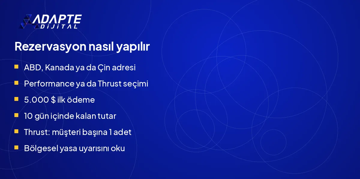 Tesla Roadster rezervasyonu için ülke, versiyon, ödeme ve yasal uyarı adımlarını sıralayan altı maddelik liste