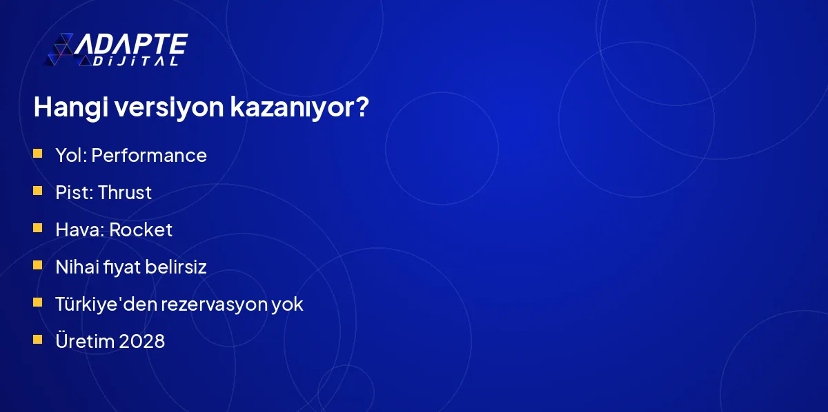 Tesla Roadster versiyon seçiminde yol, pist ve hava kullanım amacına göre karar akışı