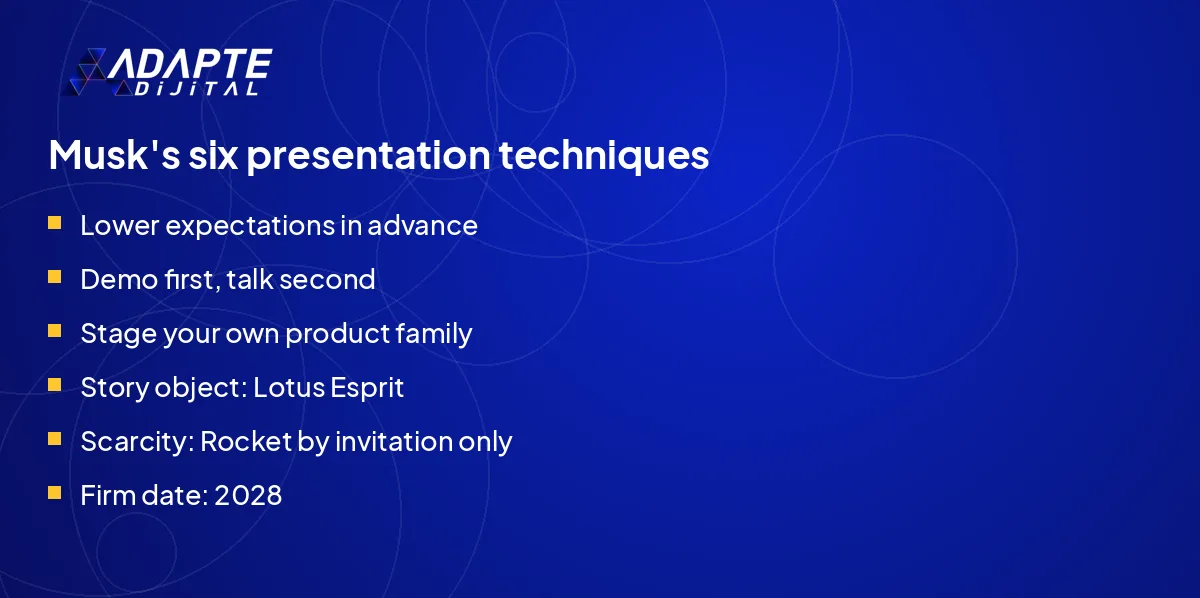 List of the six presentation techniques Musk used at the Tesla Roadster launch.