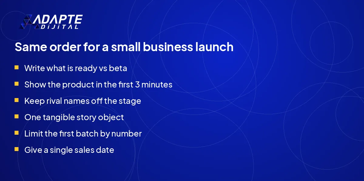 The six Tesla Roadster launch techniques adapted into six steps for a small business launch.